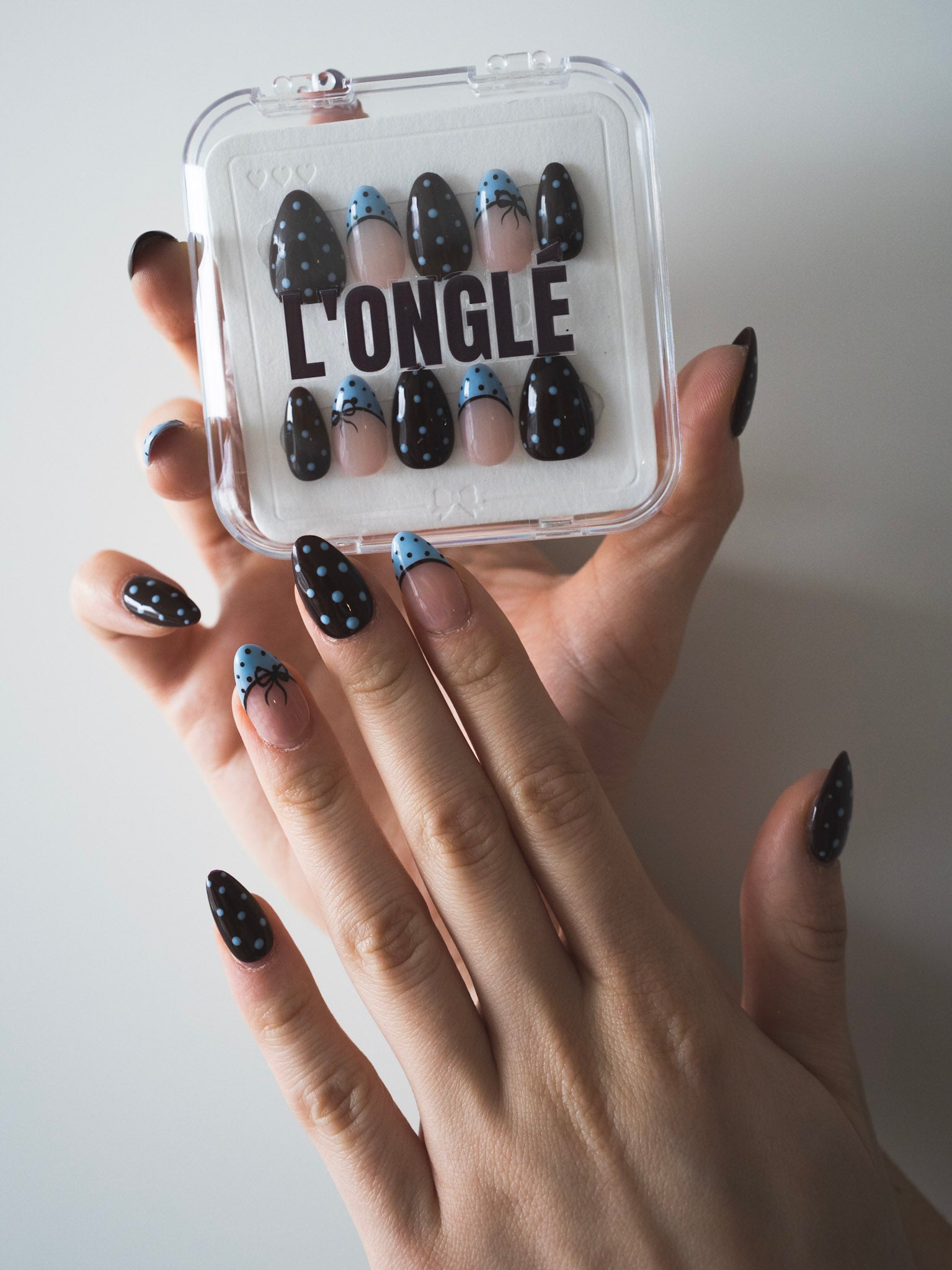 Blue Theory – Brown & Baby Blue Polka Dot Press‑On Nails