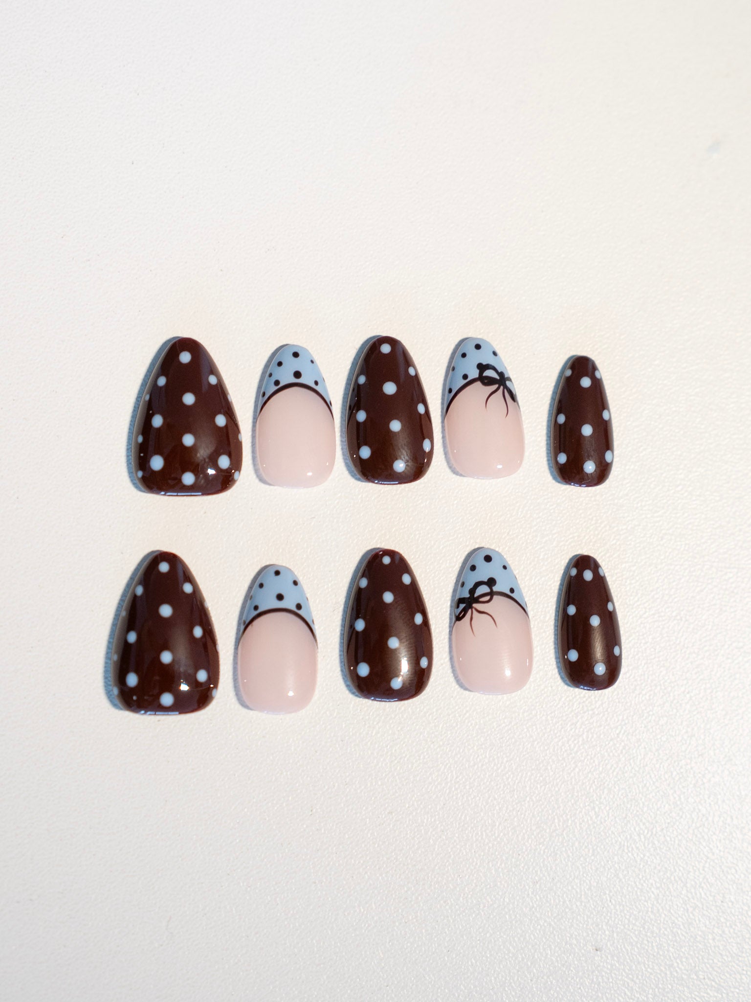 Blue Theory – Brown & Baby Blue Polka Dot Press‑On Nails