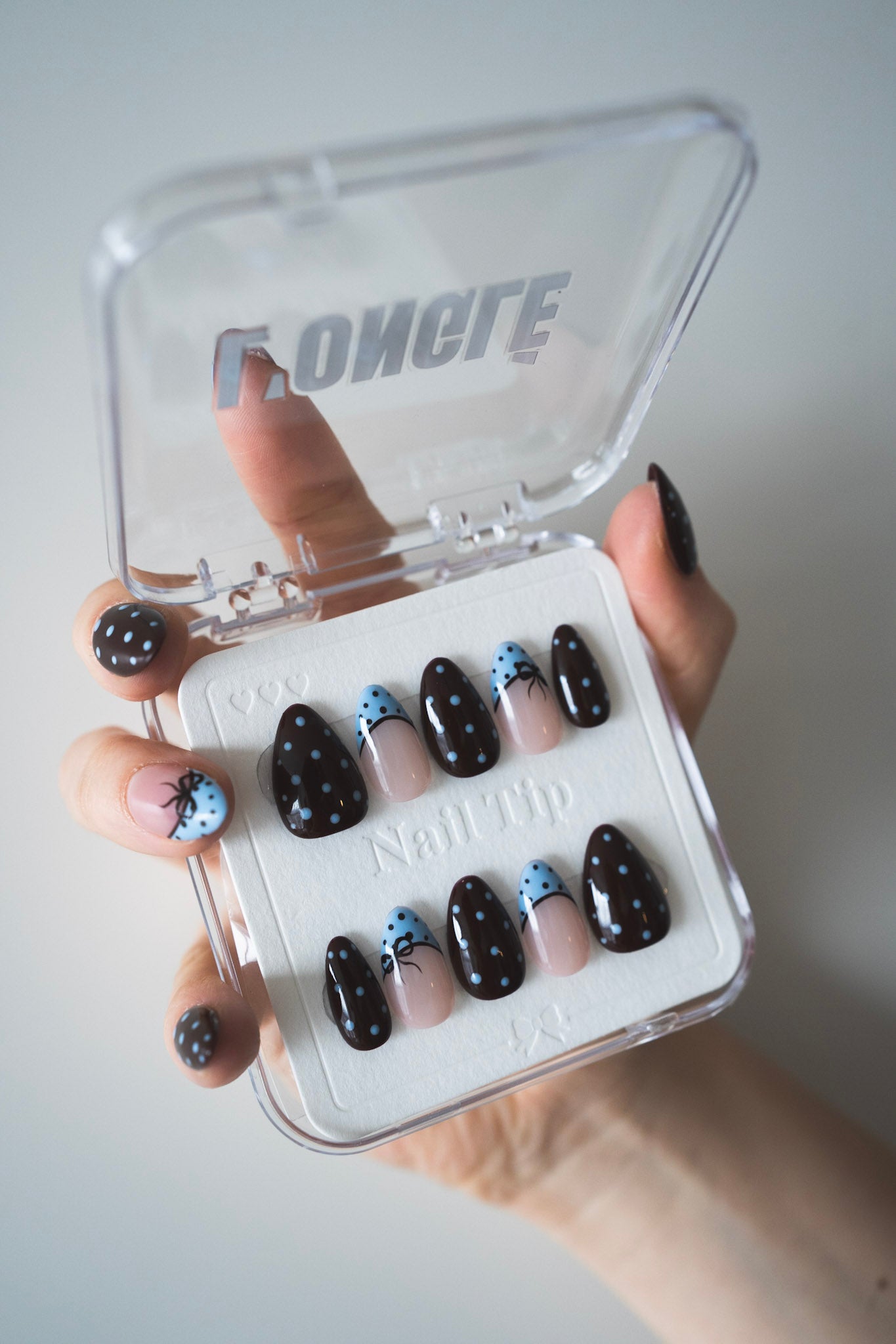 Blue Theory – Brown & Baby Blue Polka Dot Press‑On Nails