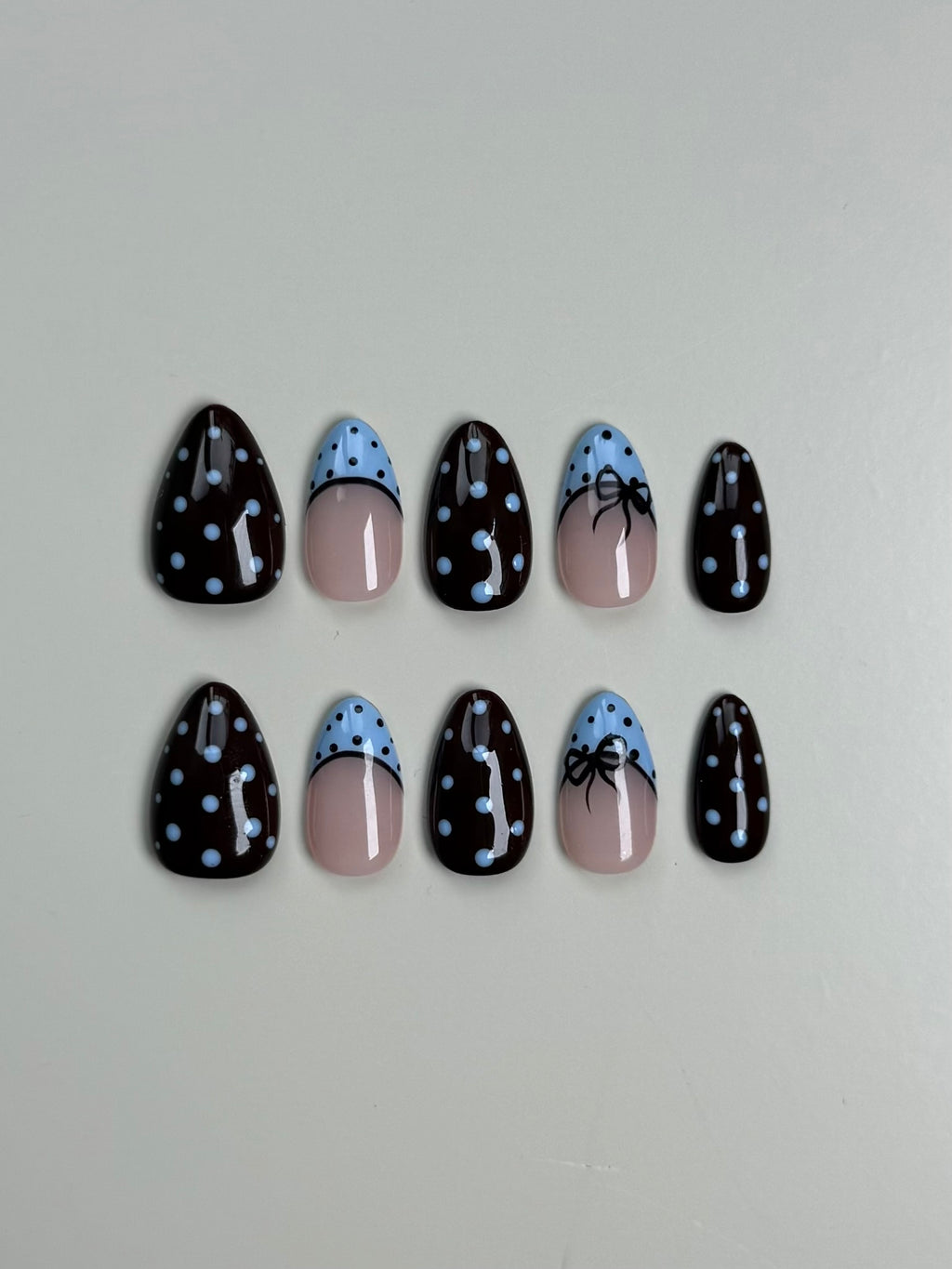 Blue Theory – Brown & Baby Blue Polka Dot Press‑On Nails