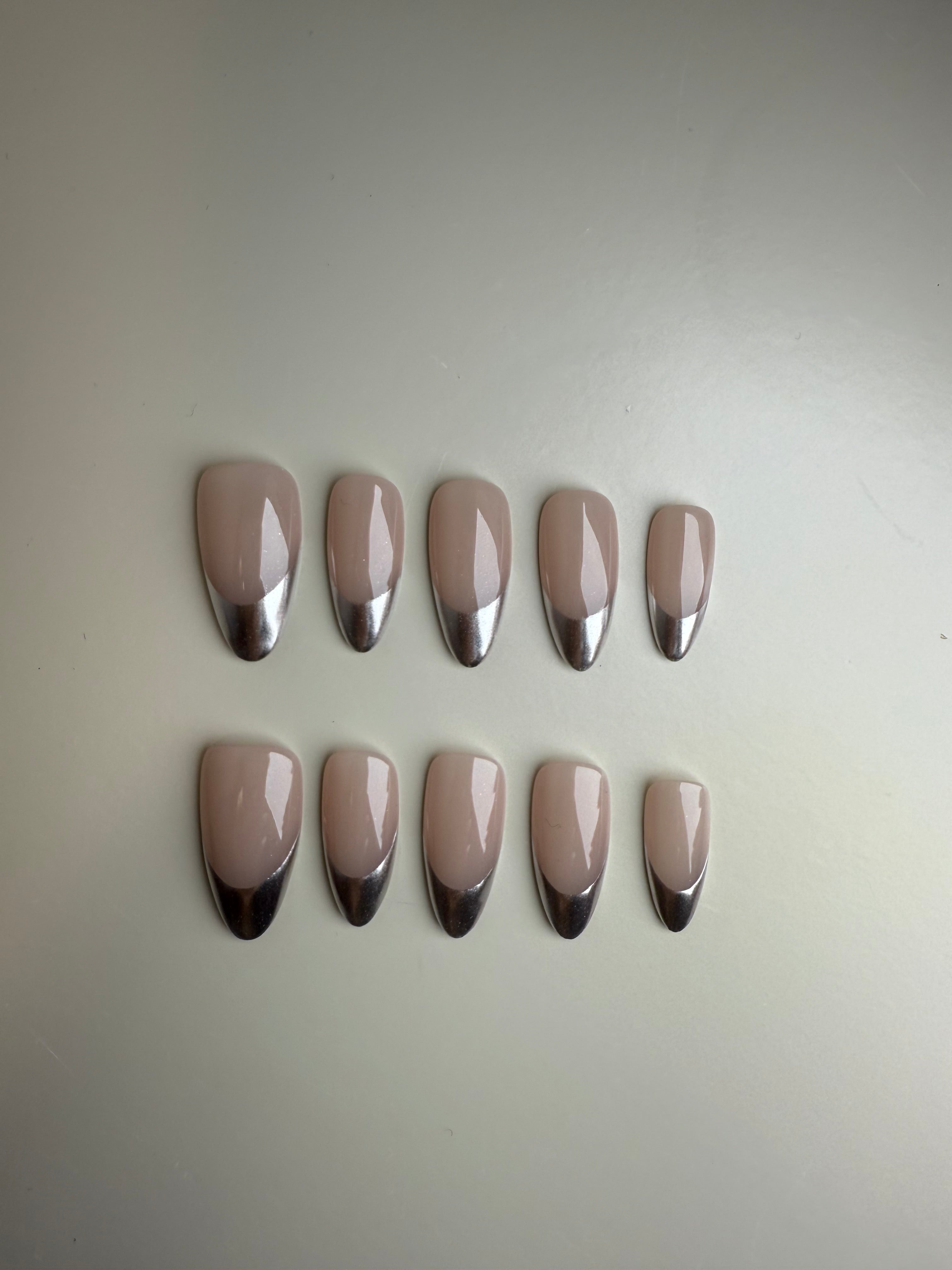 Chrome French – Press-On Nails Almond | Nude & Silver Tips