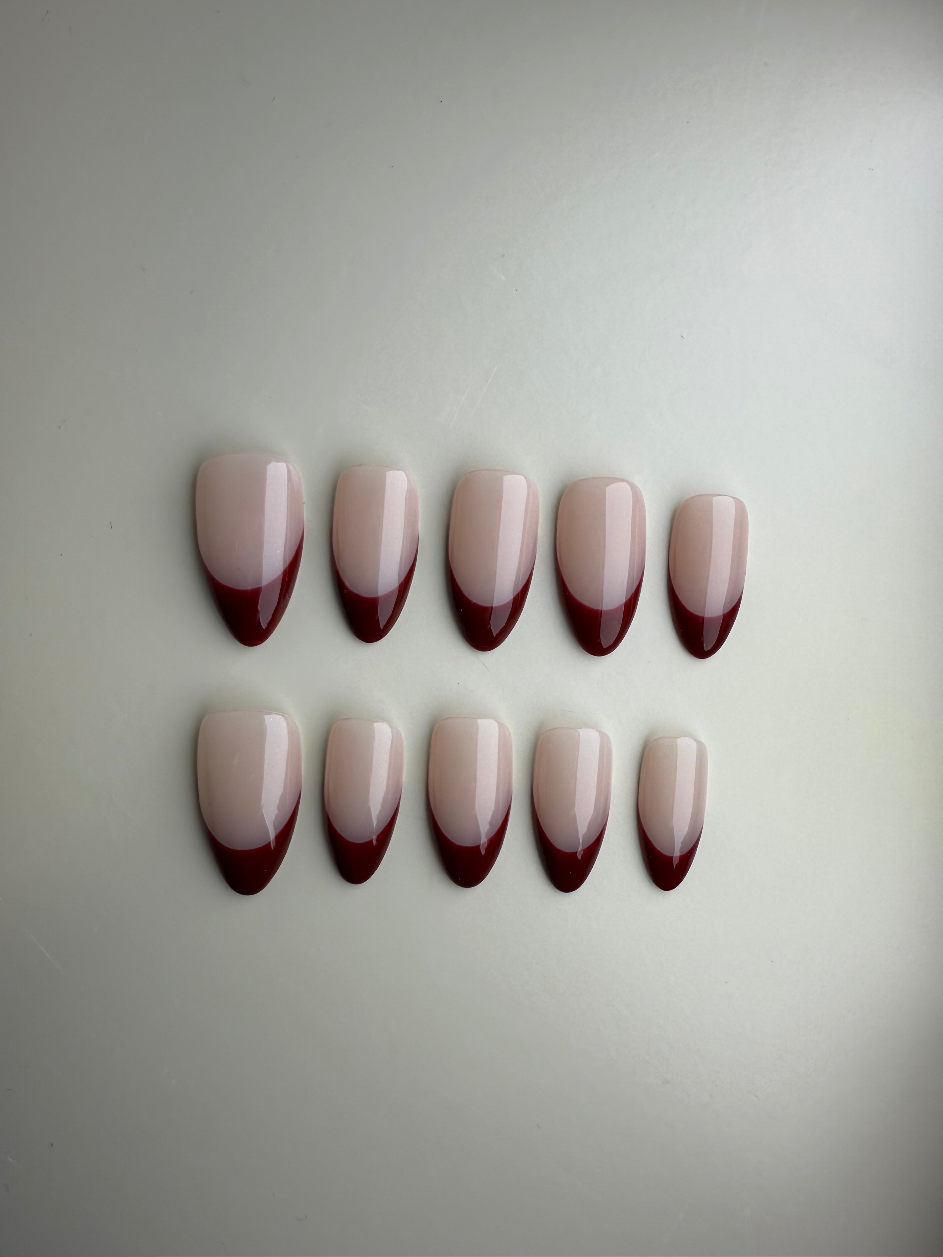 Wine Crush – Press-On Nails Almond | Nude & Red French Tips